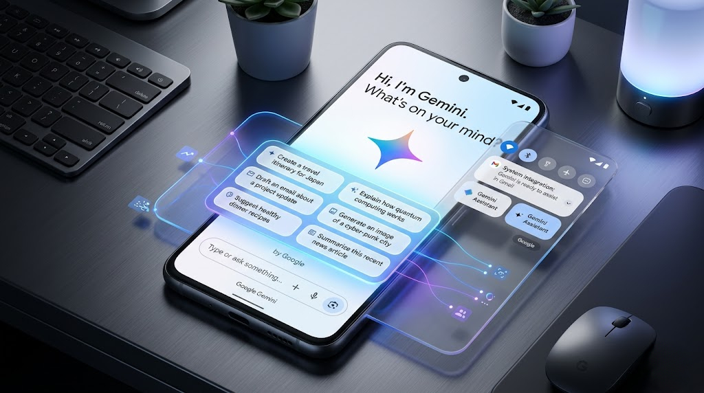 Gemini Android app showing the home screen with suggested prompts and Google integration indicators