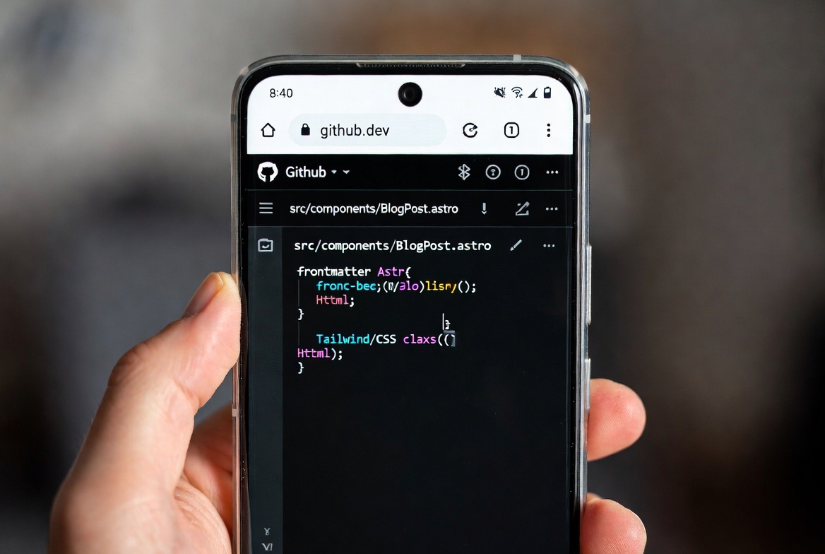 GitHub browser editor open on the Tecno Camon 30 showing an Astro component file being edited on mobile
