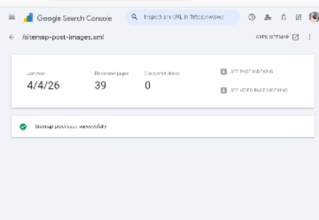 Google Search Console showing sitemap-post-images.xml successfully processed with 39 images