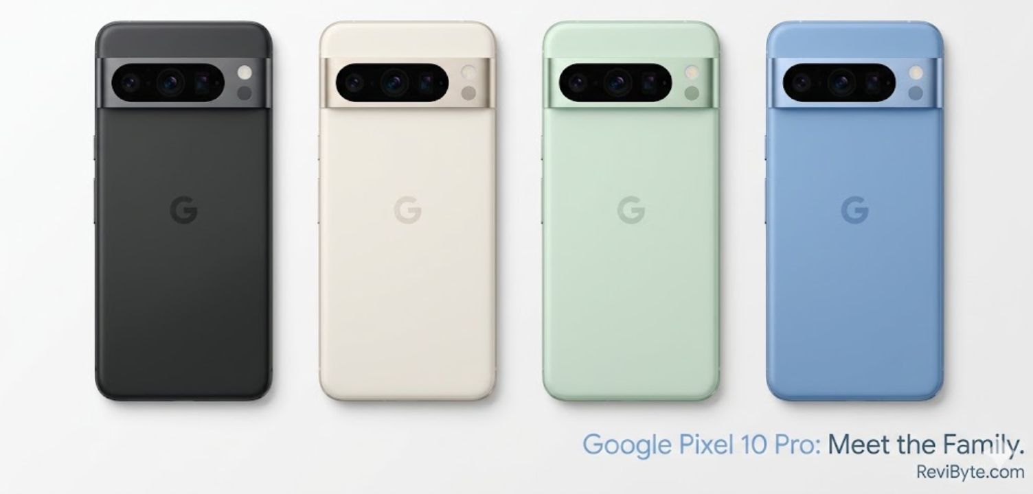 Google Pixel 10 Pro lineup in four colors — Moonstone, Obsidian, Porcelain, and Jade