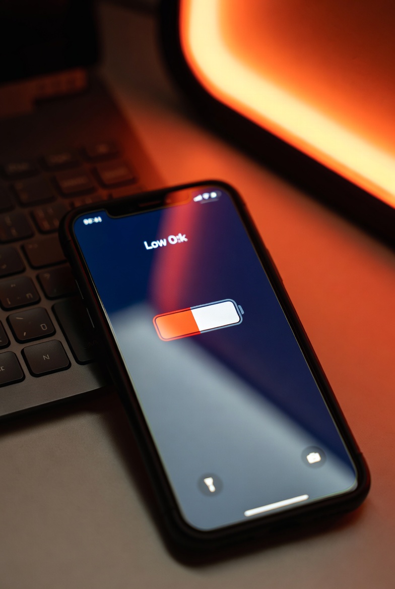 Smartphone charging on a desk with low battery warning on screen
