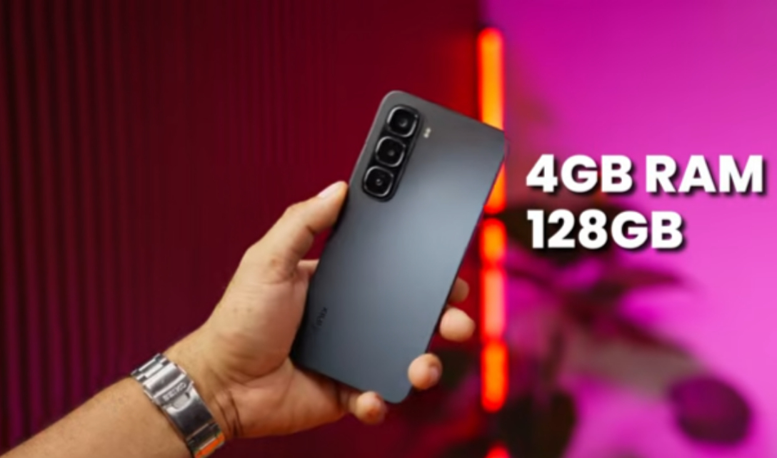 Infinix Hot 60i in Neon Red and Shadow Blue placed on a surface showing front and back design