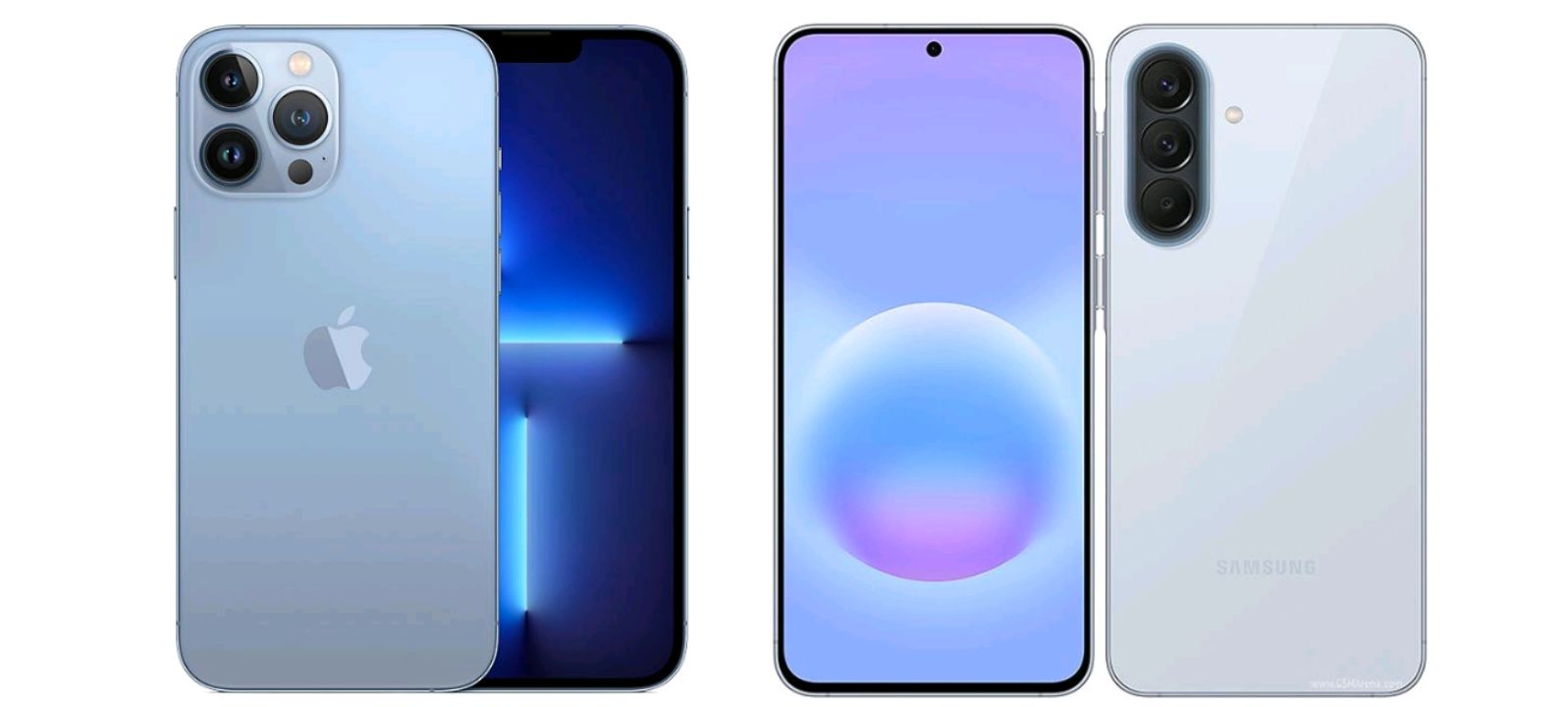 iPhone 13 Pro Max and Samsung Galaxy A57 placed side by side on a desk
