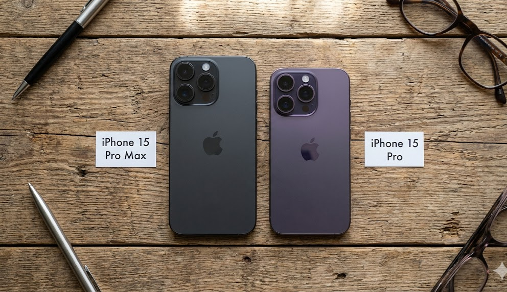 iPhone 13 and iPhone 12 side by side on wooden surface comparison shot