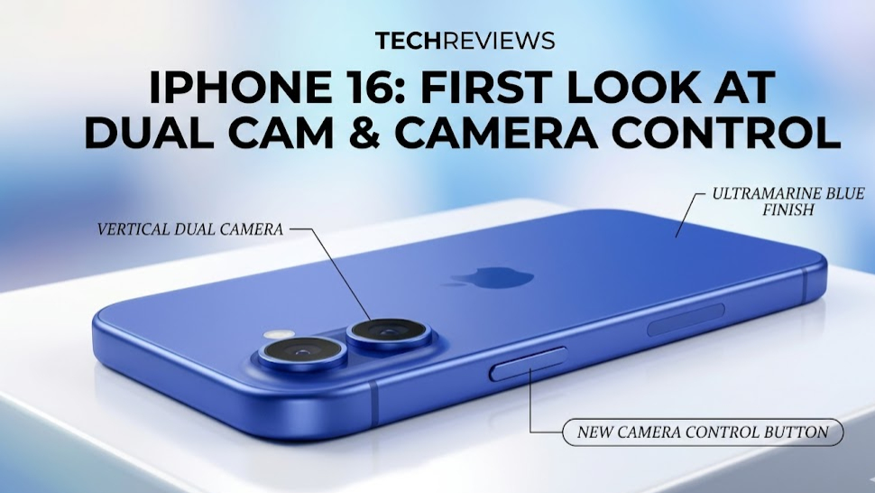 iPhone 16 in ultramarine blue showing dual-lens camera and Camera Control physical button on right edge