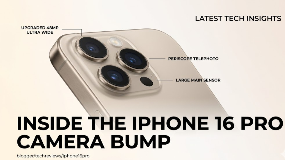 iPhone 16 Pro in desert titanium showing elevated camera bump with three lenses and flash module