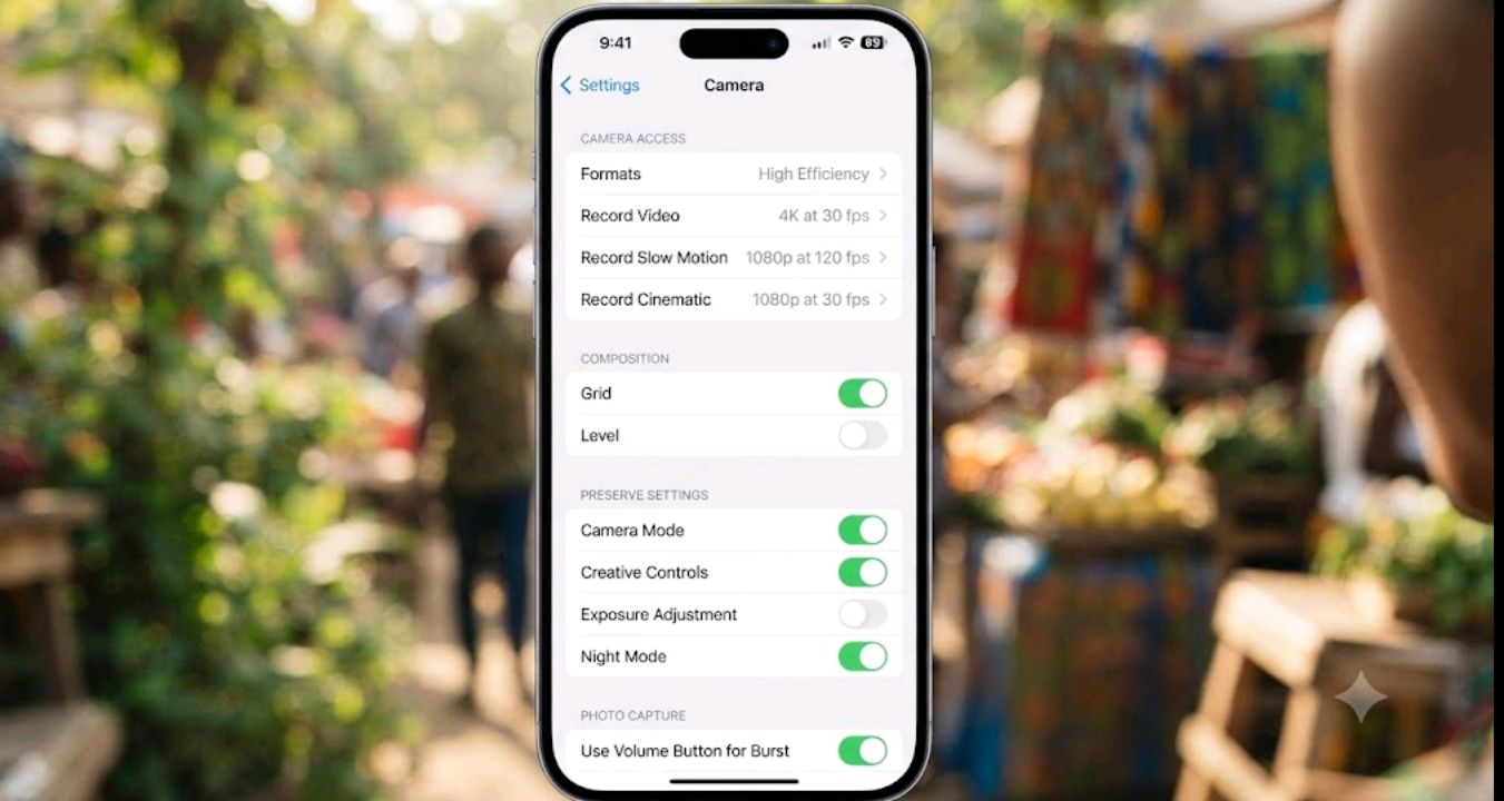iPhone Settings app open to the Camera menu