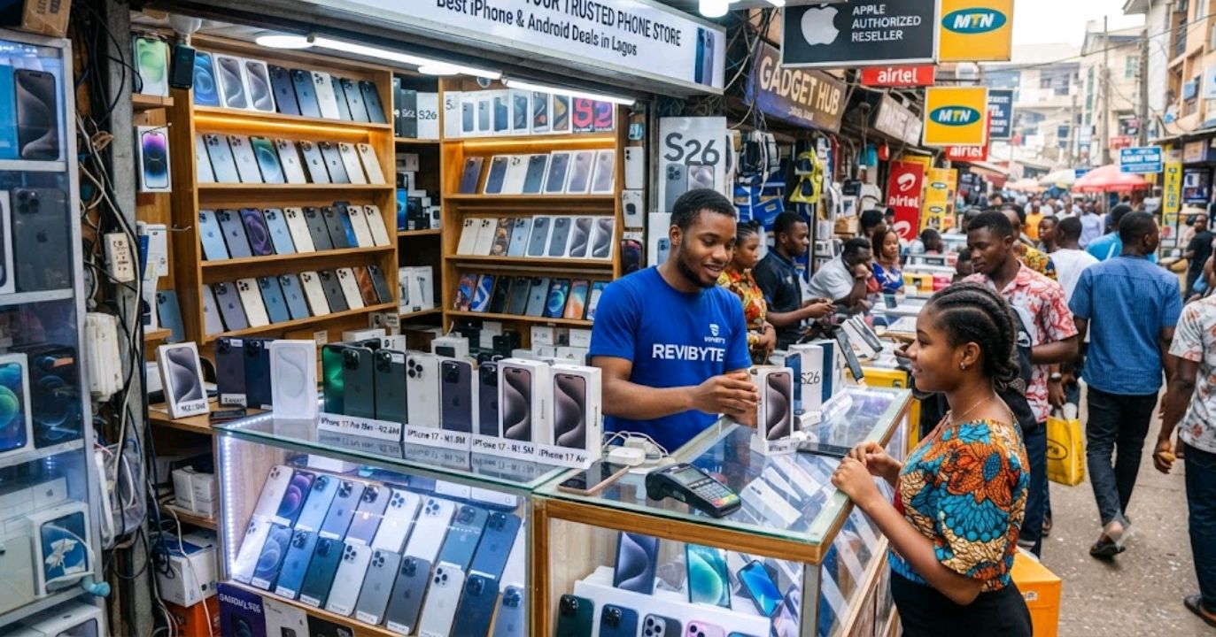 A phone retail shop in Nigeria with smartphones on display
