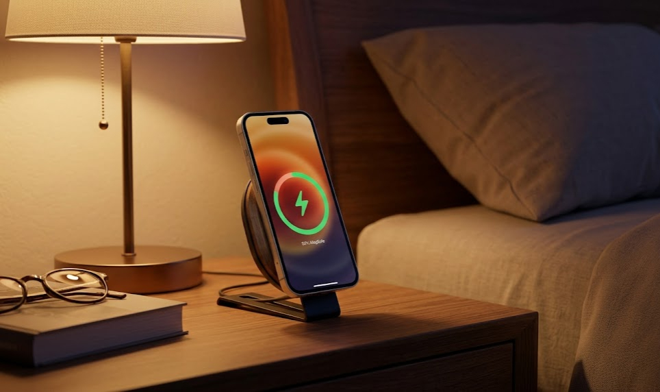 iPhone on MagSafe charger on a nightstand with ambient lighting