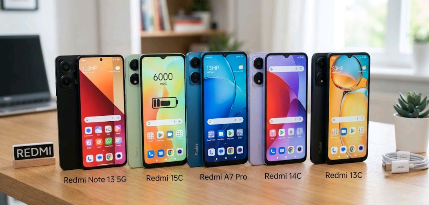Lineup of Redmi smartphones under $200 arranged on a table showing display and camera modules