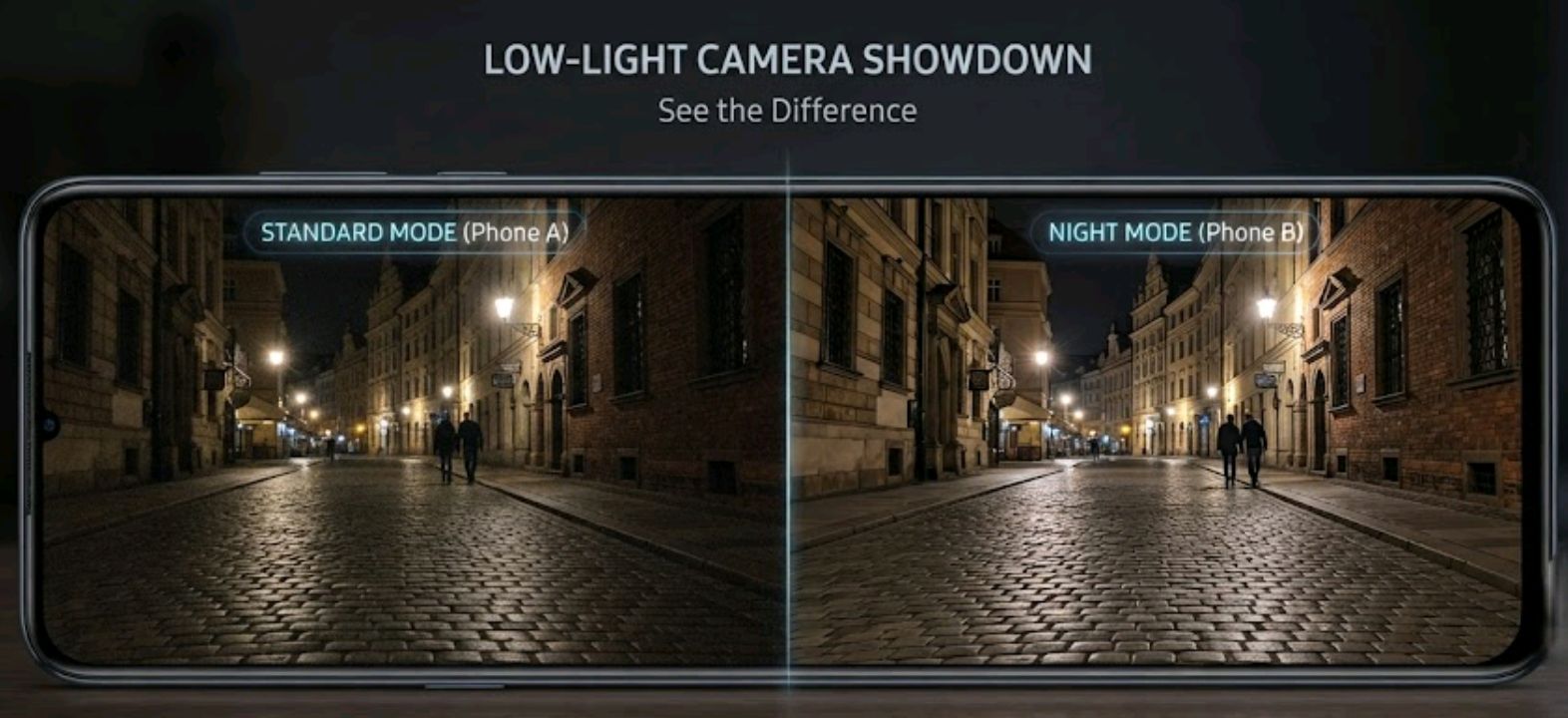 Sample low-light photo comparison shot side by side on two different smartphone screens