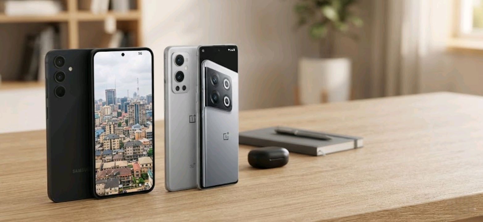 A person comparing two mid-range smartphones on a table