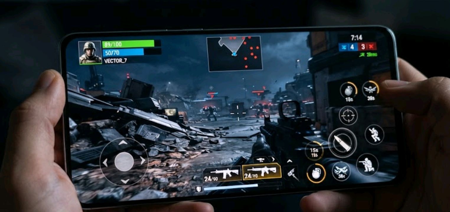 Close-up of a smartphone screen mid-game showing a mobile gaming HUD