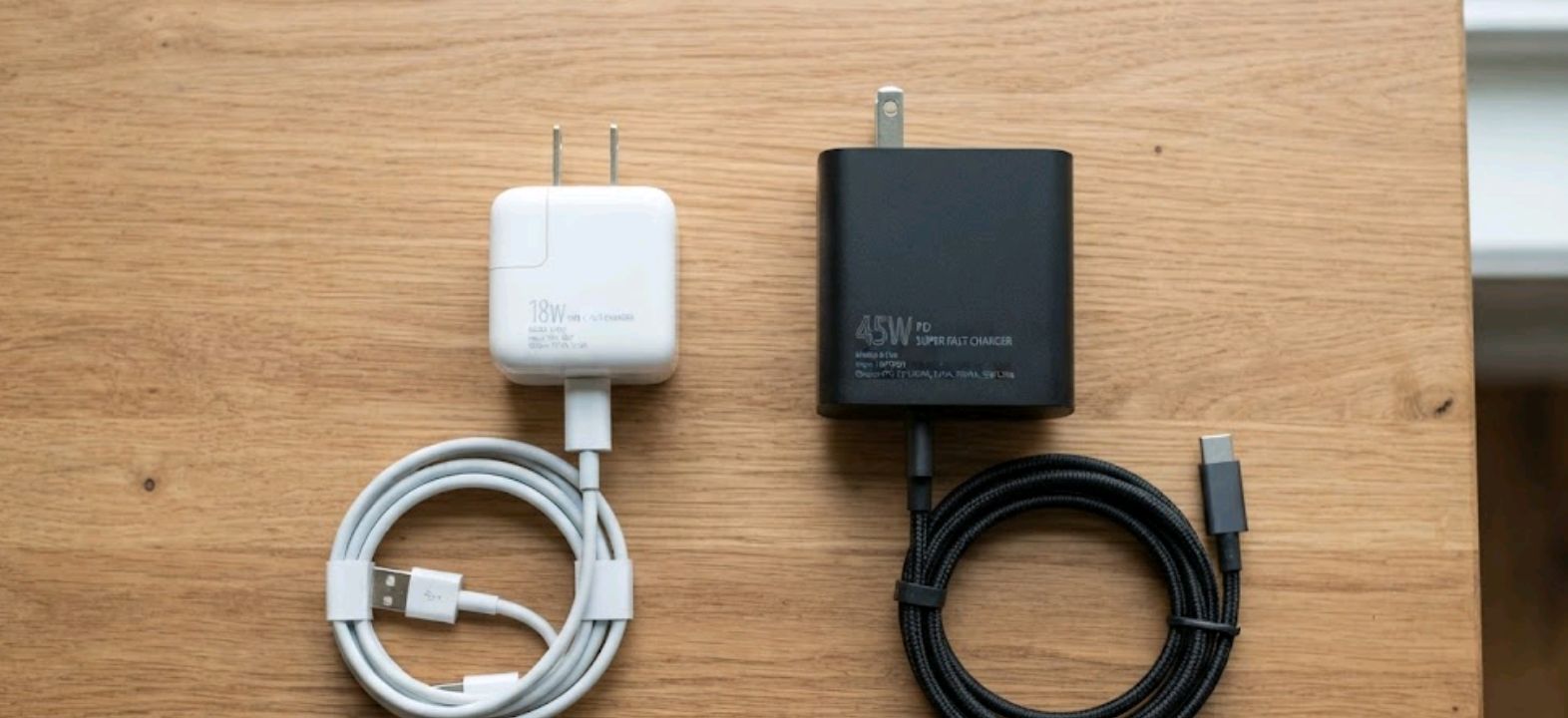 Both phones' charging bricks and cables side by side
