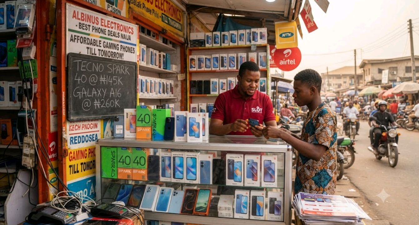 Smartphone retail display at a Computer Village-style electronics market