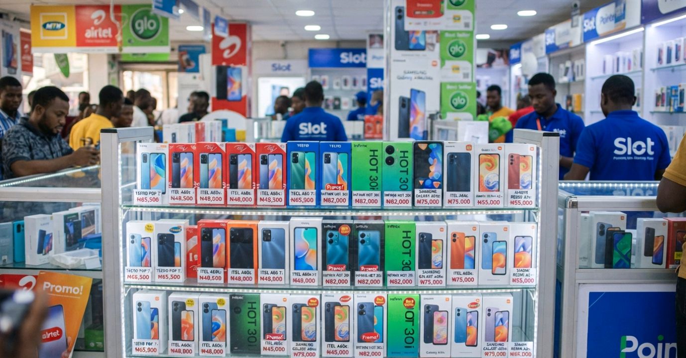 Nigerian retail store display shelf with budget Android phones