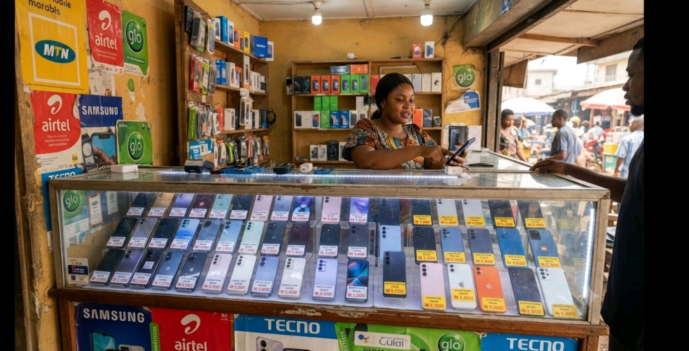Nigerian retail phone shop counter with smartphone display case