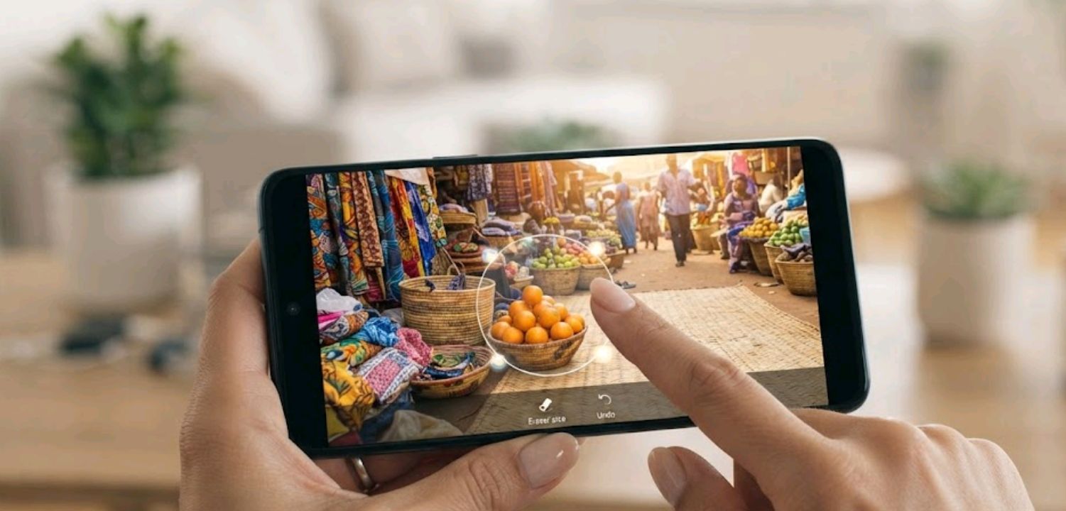 Close-up of a hand using a finger to select and erase an object from a photo on a phone screen