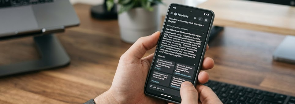 Perplexity AI Android app showing a search result with inline source citations