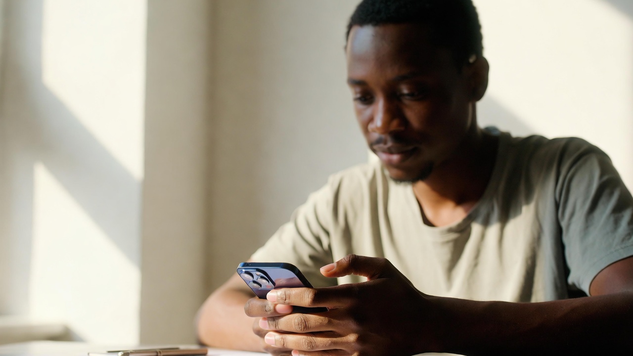 A person using their smartphone with focused attention at a desk, natural daylight coming through a window beside them