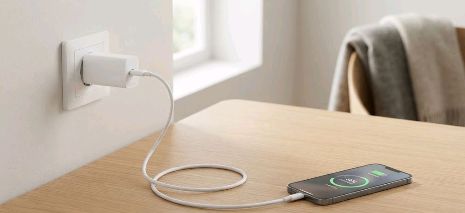 Phone charging cable and adapter placed on a cool, ventilated surface