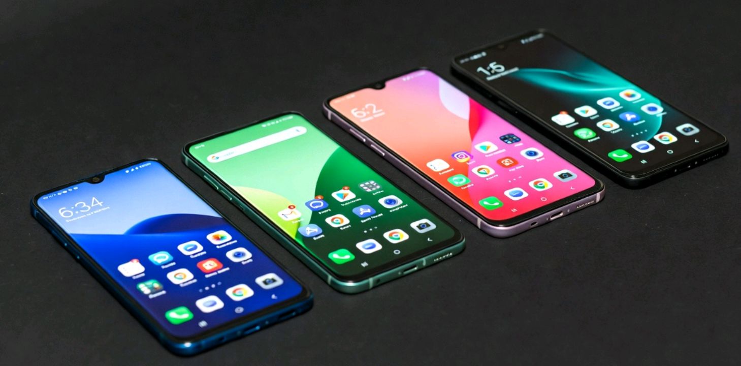 Five budget smartphones lined up side by side for comparison