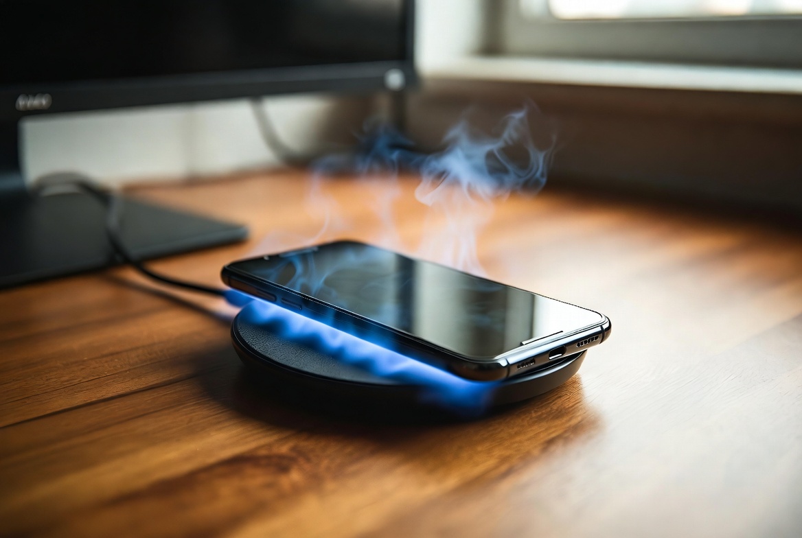 Smartphone on wireless charger with heat waves illustrated above it on a wooden desk