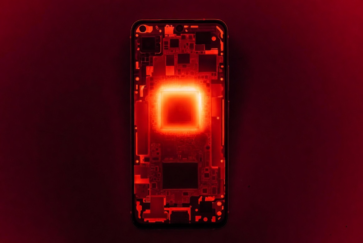 Infrared image of a phone showing heat concentration around the processor area during load