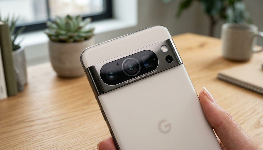 Google Pixel 10 held in hand taking a photo outdoors in warm natural light