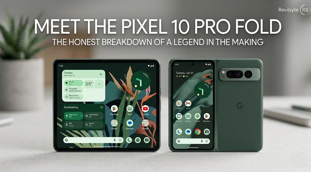 Google Pixel 10 Pro Fold shown open and closed, displaying inner and outer displays