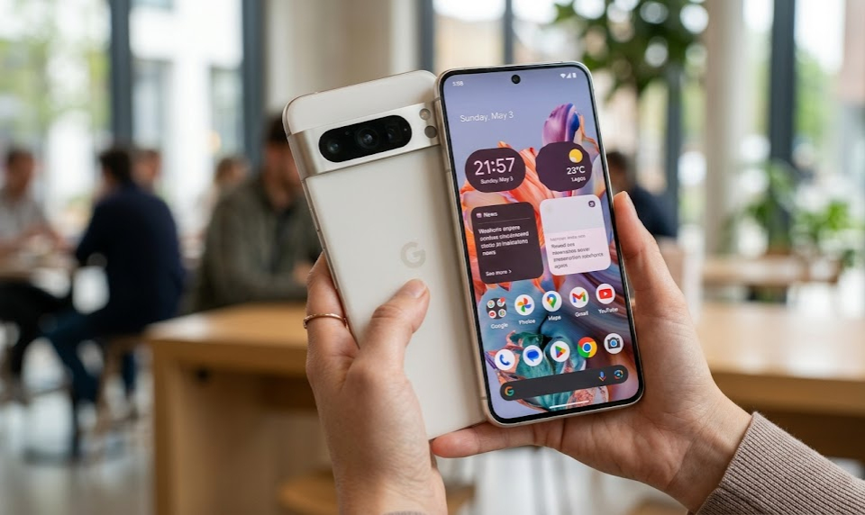 Google Pixel 10 Pro XL in Moonstone showing the 6.8-inch display and camera bar