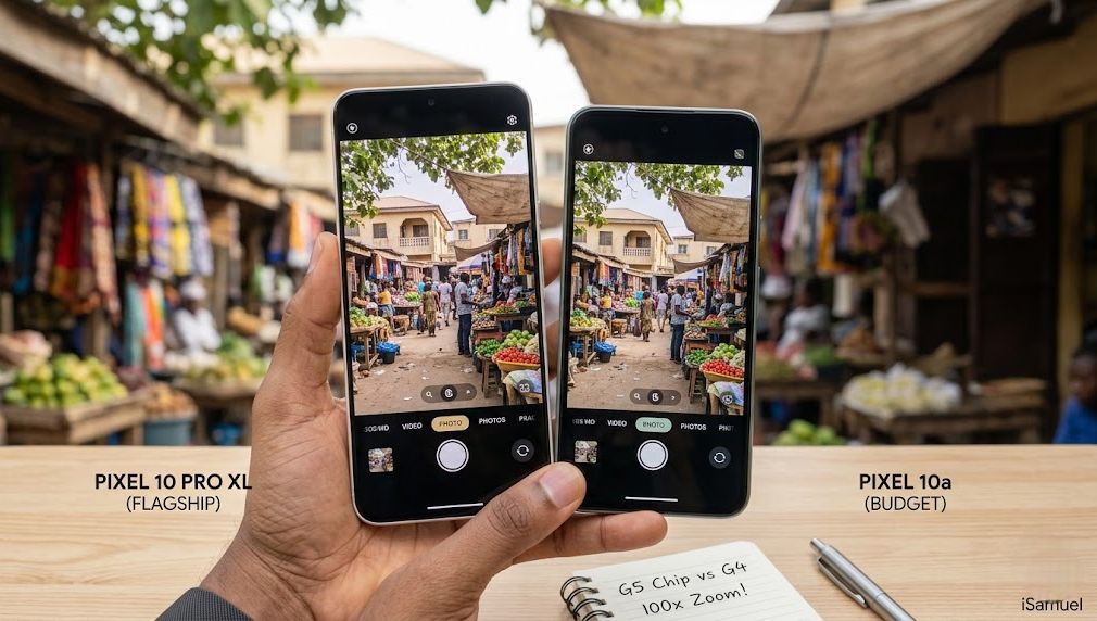 Side-by-side camera comparison of Google Pixel 10 Pro XL vs Pixel 10a shooting the same daylight scene