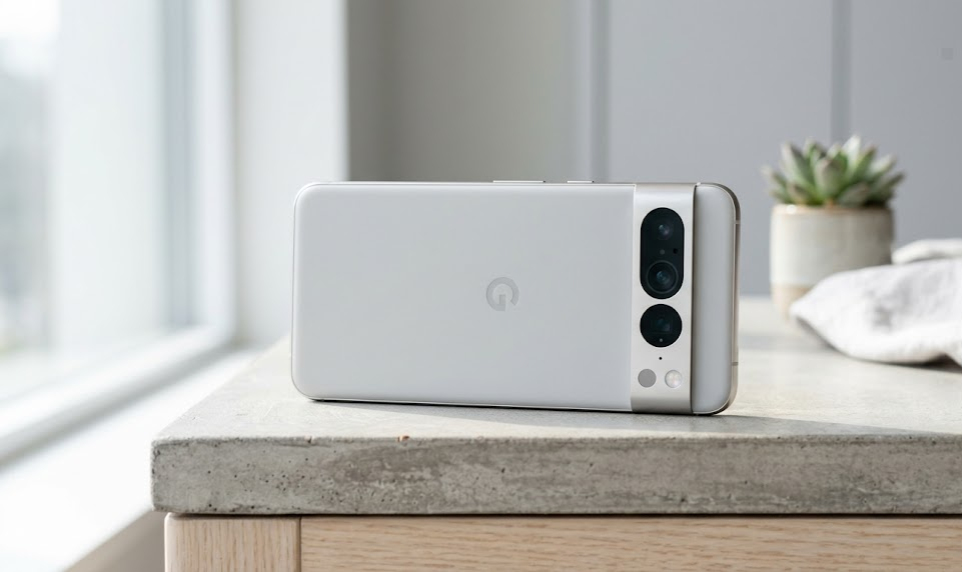 Google Pixel 10 Pro in Moonstone showing triple camera system and Pixelsnap magnet ring