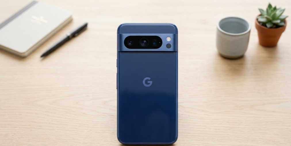 Google Pixel 10 in Lemongrass colorway lying flat on a light wooden surface