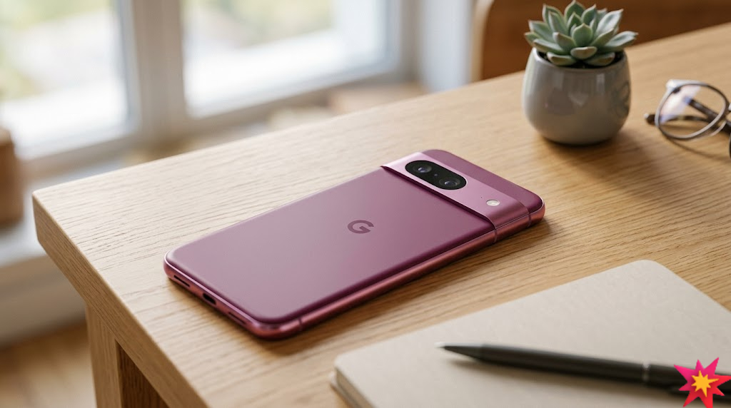 Google Pixel 10a in Berry colorway with flat camera bar design on a desk