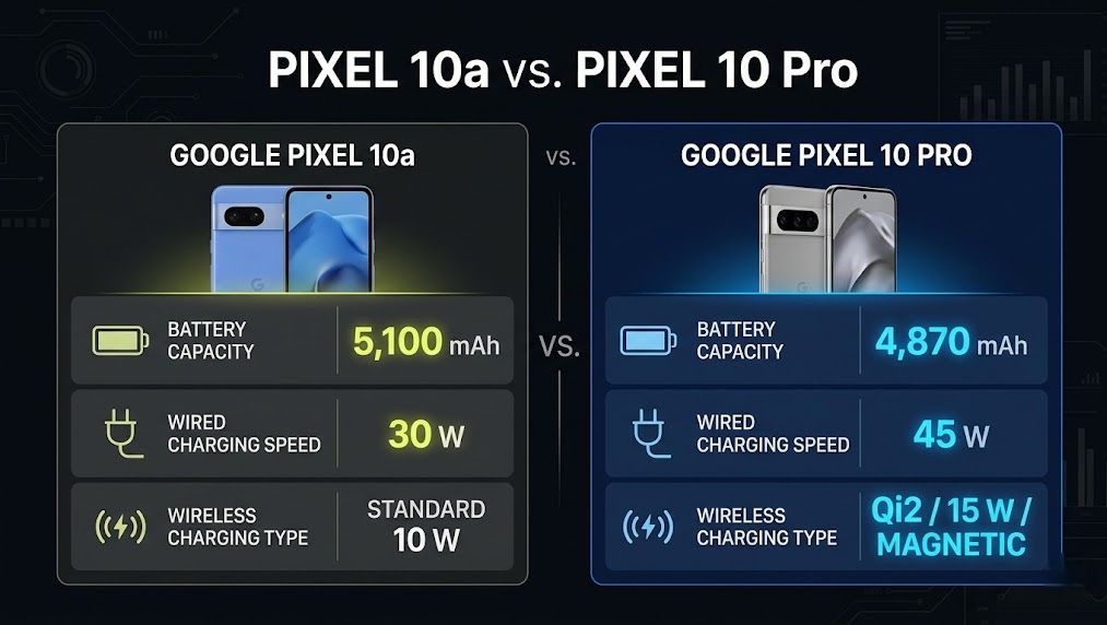 Side-by-side infographic comparing the Pixel 10a and Pixel 10 Pro battery specs including capacity, wired charging speed, and wireless charging support