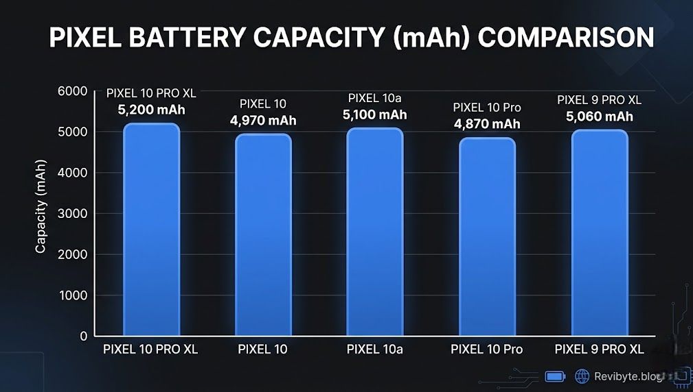Bar chart comparing battery capacities of Pixel 10 Pro XL (5200mAh), Pixel 10 (4970mAh), Pixel 10a (5100mAh), Pixel 10 Pro (4870mAh), and Pixel 9 Pro XL (5060mAh)