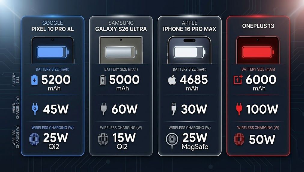 Comparison graphic showing battery specs of the Pixel 10 Pro XL, Samsung Galaxy S26 Ultra, iPhone 16 Pro Max, and OnePlus 13 side by side
