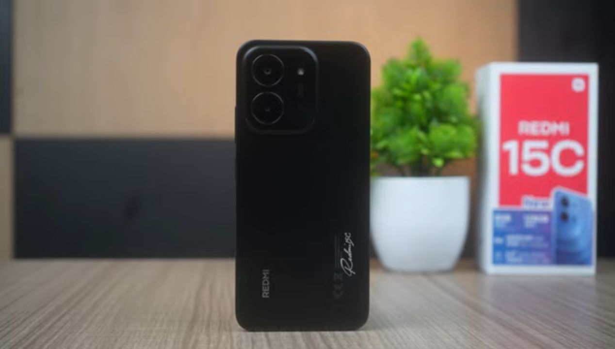 Close-up of Redmi phone camera module and display