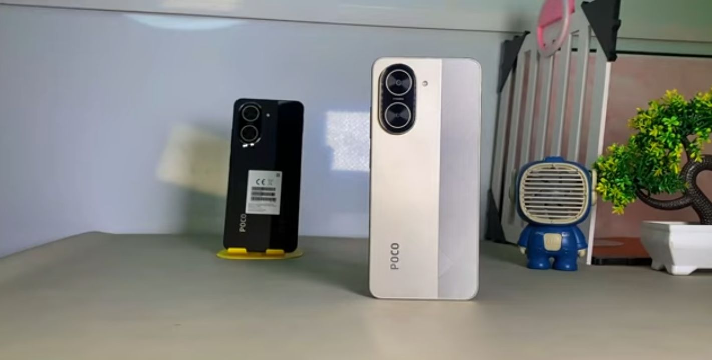 POCO C71 smartphone in black colorway on a plain background