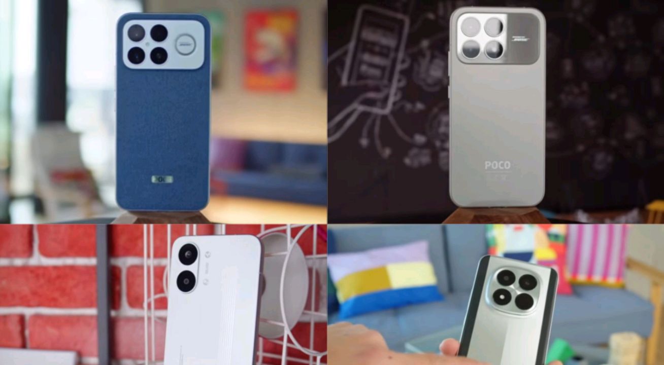 POCO F8 Ultra, X8 Pro Max, and M8 Pro smartphones lined up side by side