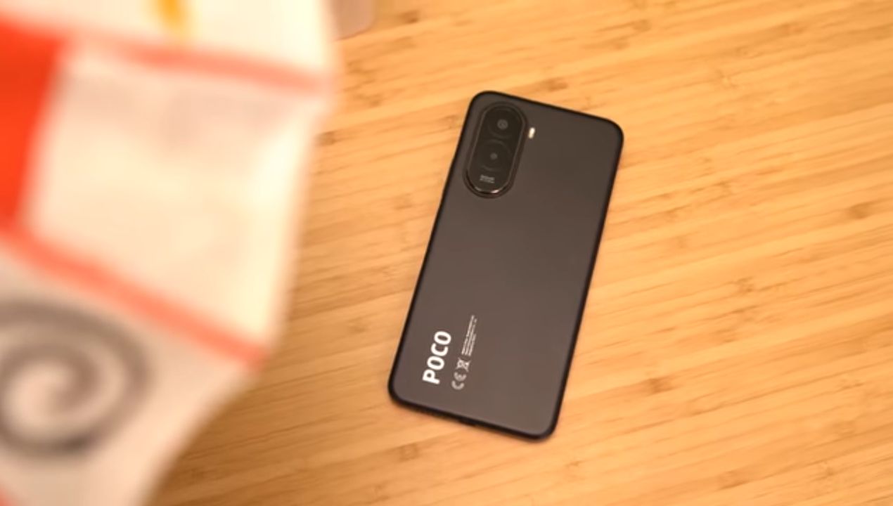 POCO M7 4G smartphone standing upright showing front display