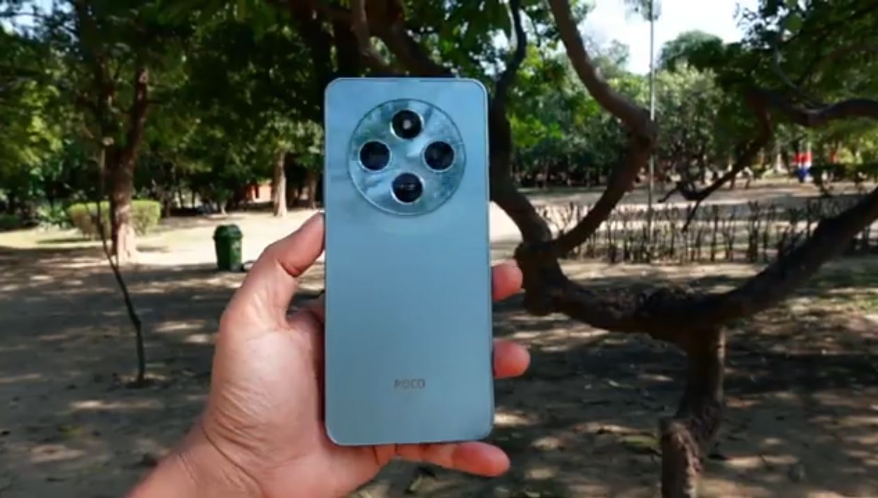 POCO M7 5G variant photographed from an angle showing the back panel