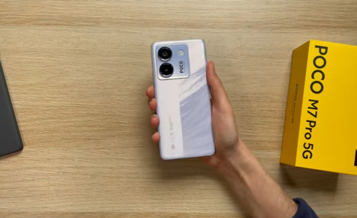 POCO M7 Pro 5G displayed with its box and included accessories