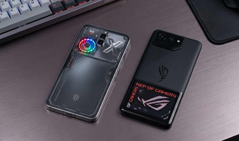 RedMagic 10 Pro back panel showing RGB fan window vs ROG Phone 9 Pro matte finish