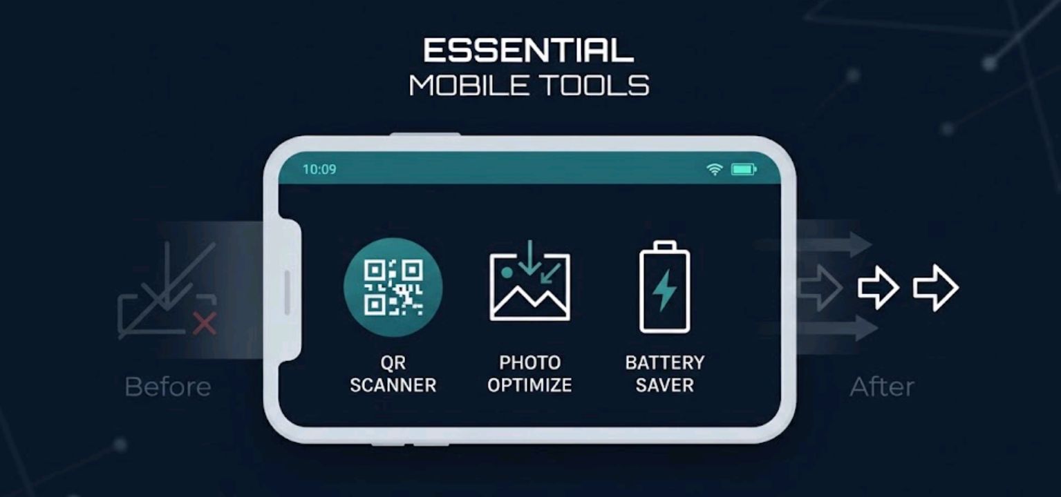 ReviByte Tools icons for QR code, image compression, and battery charging on dark background