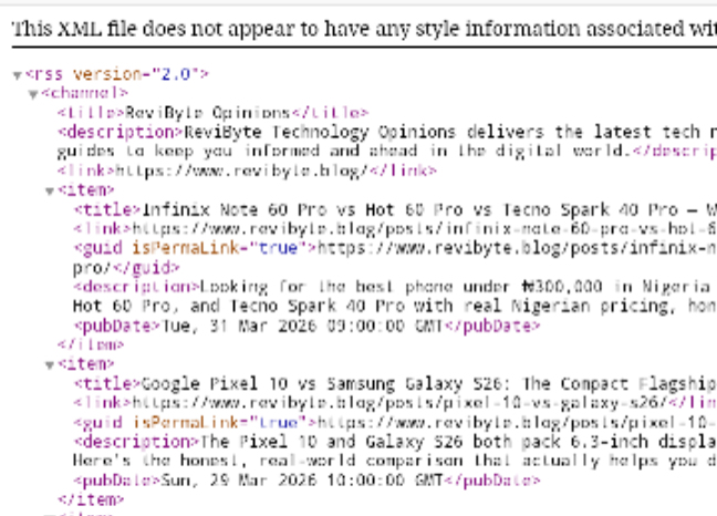 RSS feed showing revibyte.blog/rss.xml loading correctly in browser