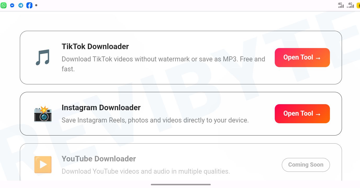 ReviByte /save/ hub showing TikTok and Instagram downloader options