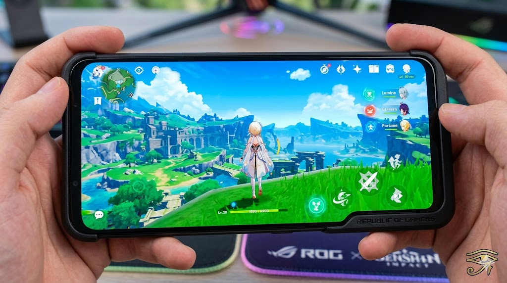ROG Phone 9 Pro display running Genshin Impact at max settings