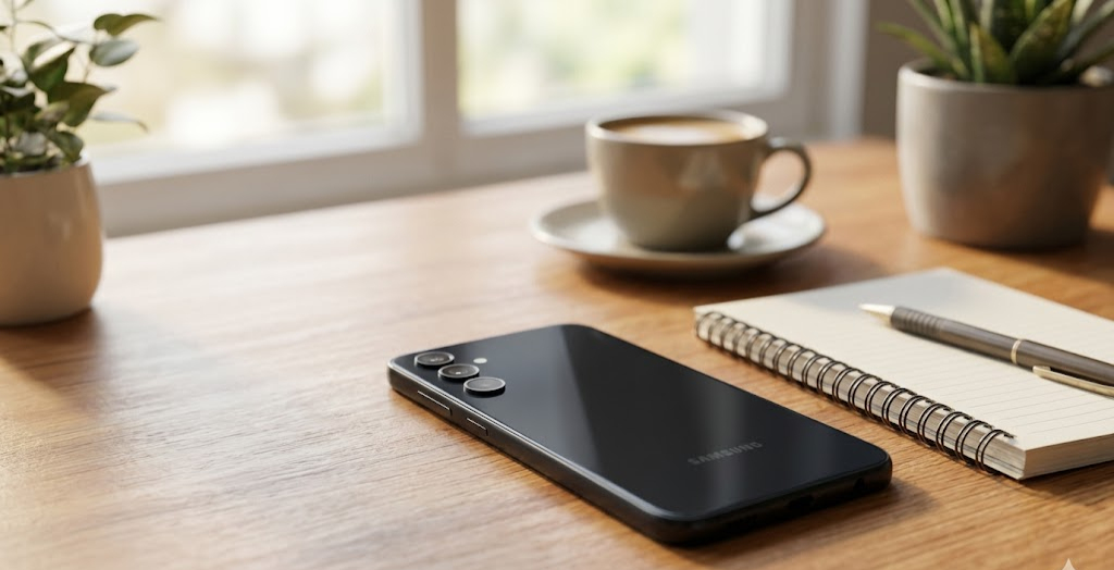 Samsung Galaxy A16 5G on a student desk with notebook and pen